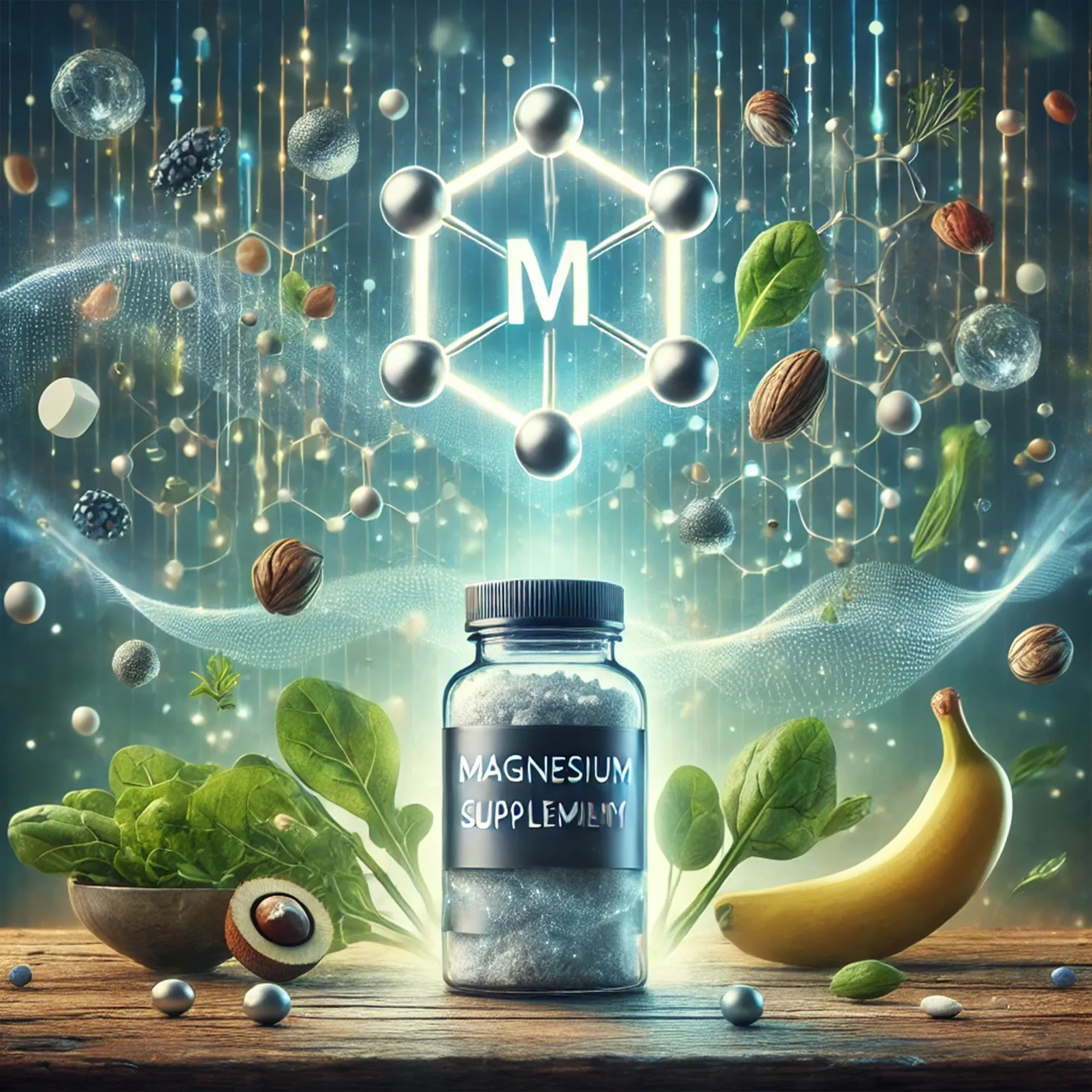 Gezeichnetes Bild: Glasdose mit Aufschrift „Magnesium Supplement“, daneben Spinat, Nüsse und eine Banane, darüber ein Molekülsymbol mit M